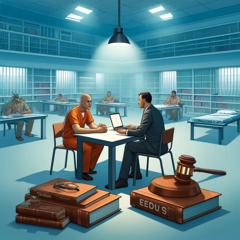 A lawyer and an inmate sitting at a table discussing legal rights in a detention center.