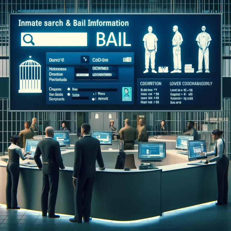 Reception area at a jail with digital screens showing inmate and bail information.