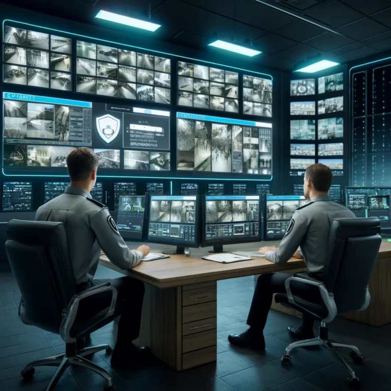 Two security personnel monitoring surveillance screens in a high-tech security control room.