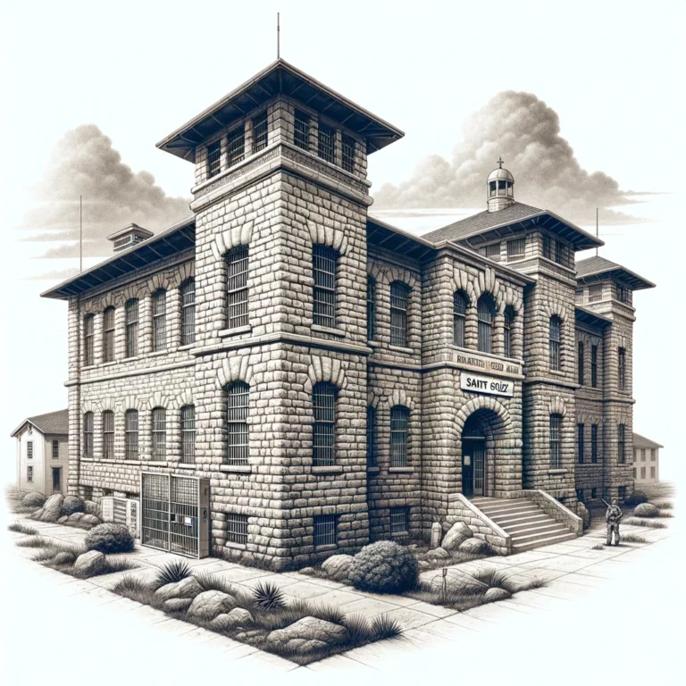 Traditional jail building at Santa Cruz Main Jail with thick stone walls and small barred windows.