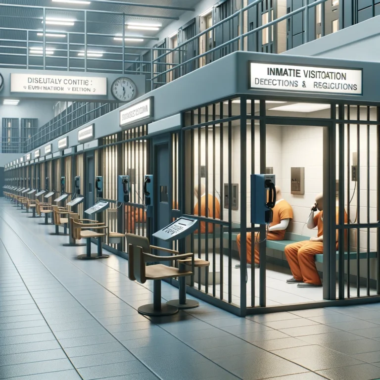  Digital image of an inmate visitation area with partitioned booths and glass dividers.