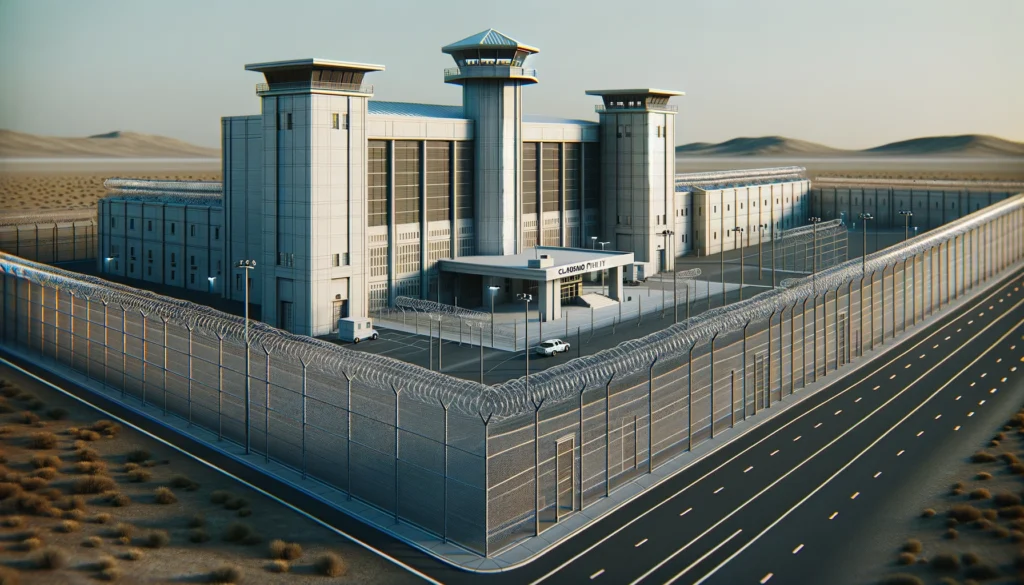 Digital image of the Claybank Facility, a modern correctional center with high fences and guard towers.