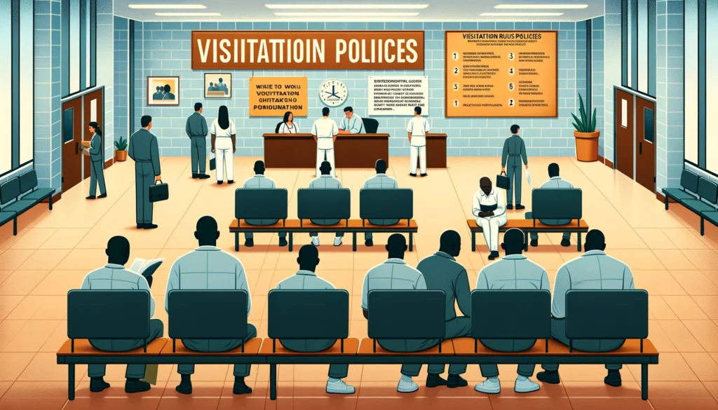  Illustrated scene in a correctional facility's waiting area with people reading visitation policies.