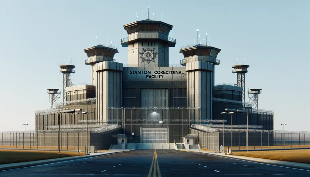 Digital image of the high-security Stanton Correctional Facility with tall walls and watchtowers.