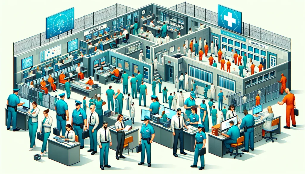 Illustrated scene of diverse staff at a correctional facility engaging in various operational tasks.