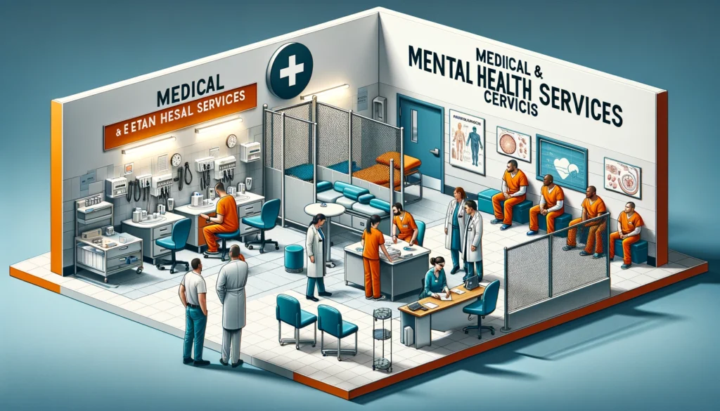 Illustrated scene of a medical and mental health clinic within a correctional facility.