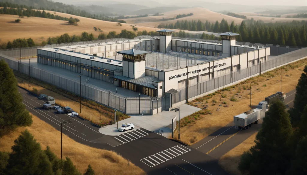 Digital rendering of the Sonoma County North County Detention Facility, a modern structure set in a rural area.