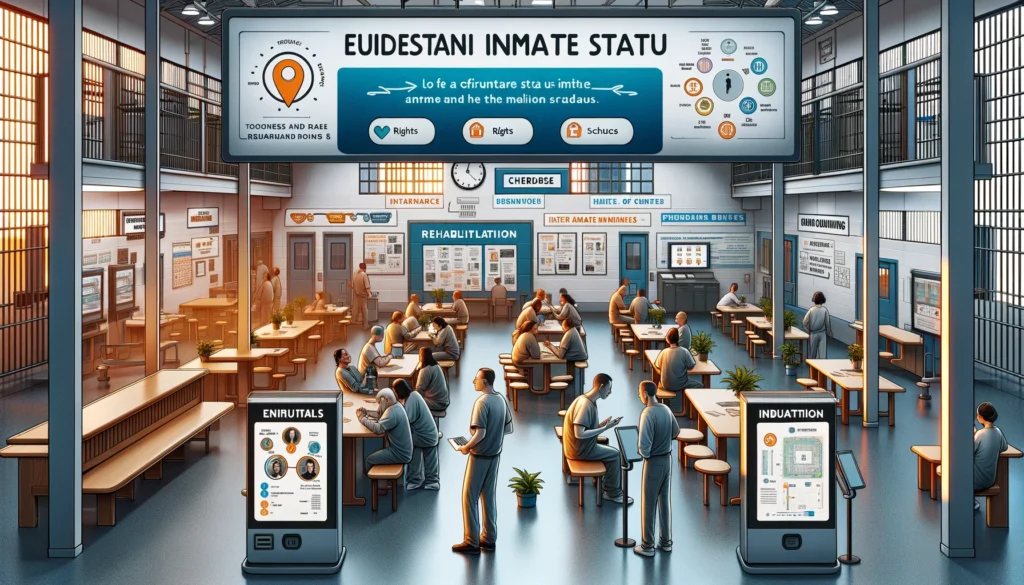 Illustrated scene inside a correctional facility with educational displays about inmate life.