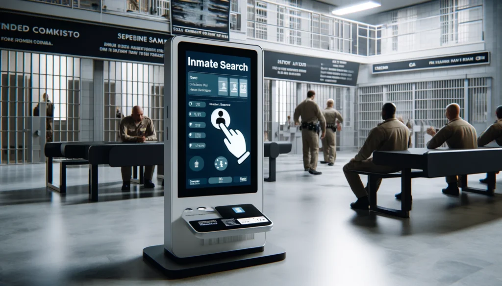 Modern inmate search kiosk in a jail's lobby with security features.