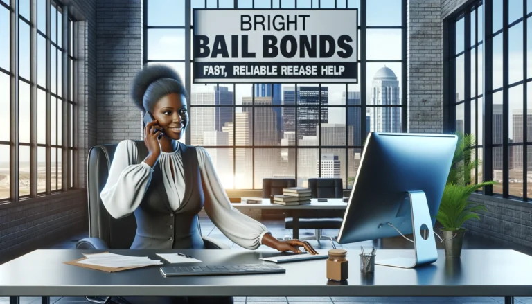 Bright Bail Bonds office with a confident woman at her desk, cityscape visible through large windows.