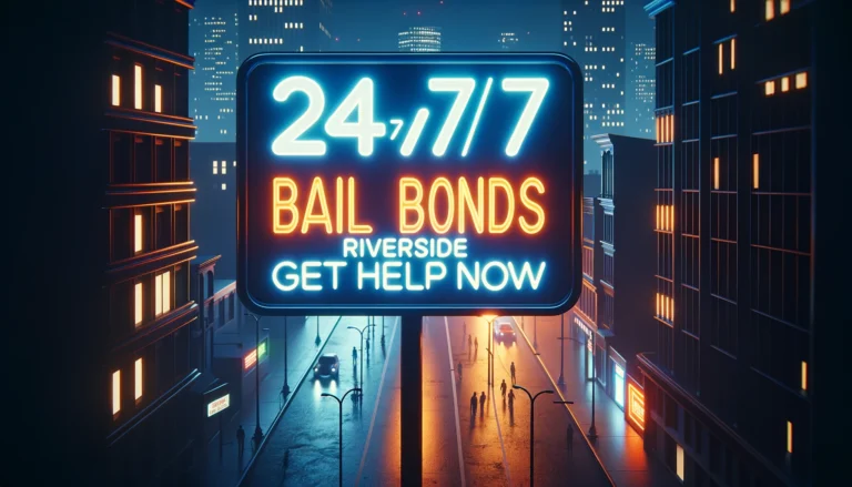Neon sign for "24/7 Bail Bonds Riverside" glows vividly at night on a city street.