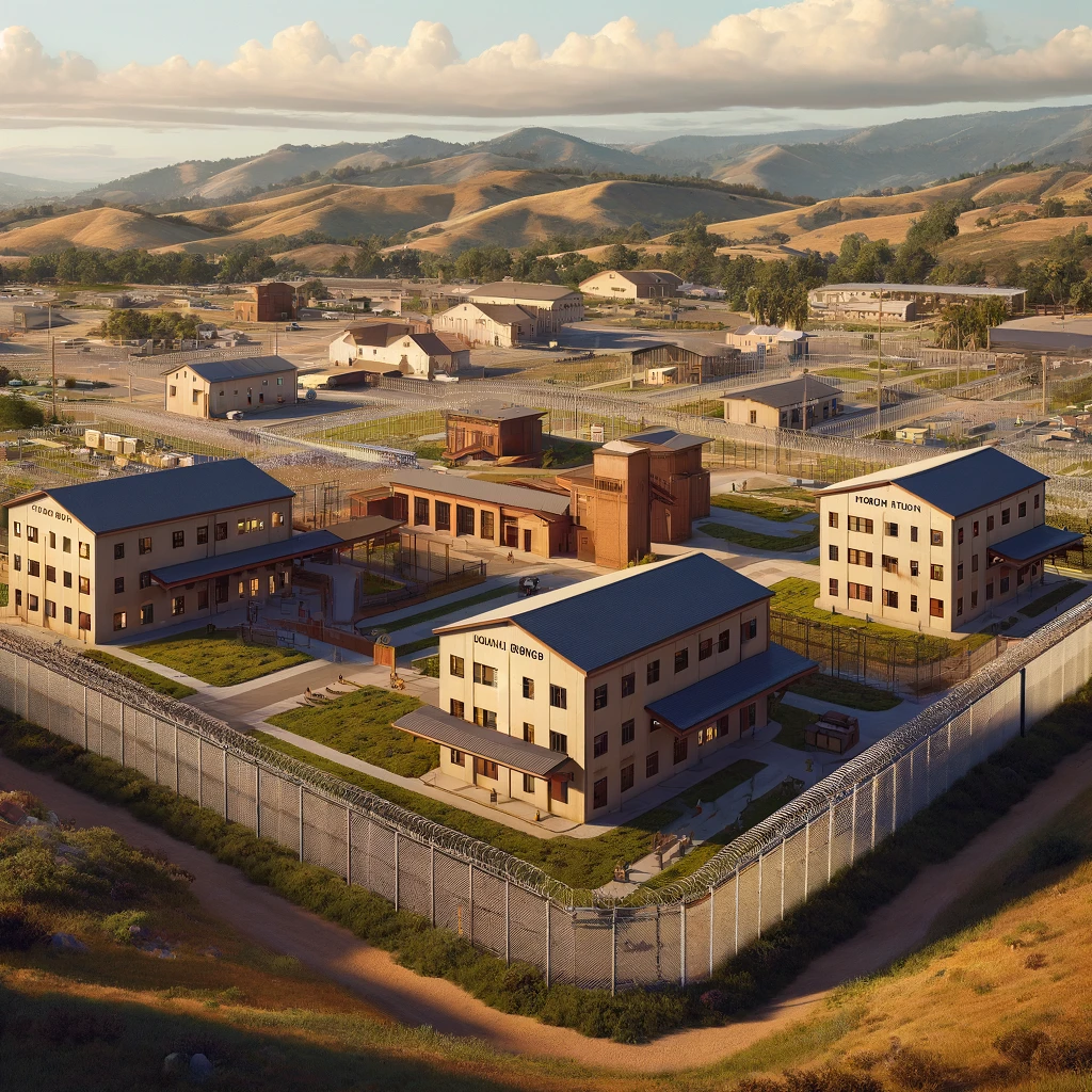 the San Luis Obispo Honor Farm featuring functional, low-rise buildings set in a spacious, rural landscape. The modest security measures and open spaces signify the facility's rehabilitative and work program orientation.