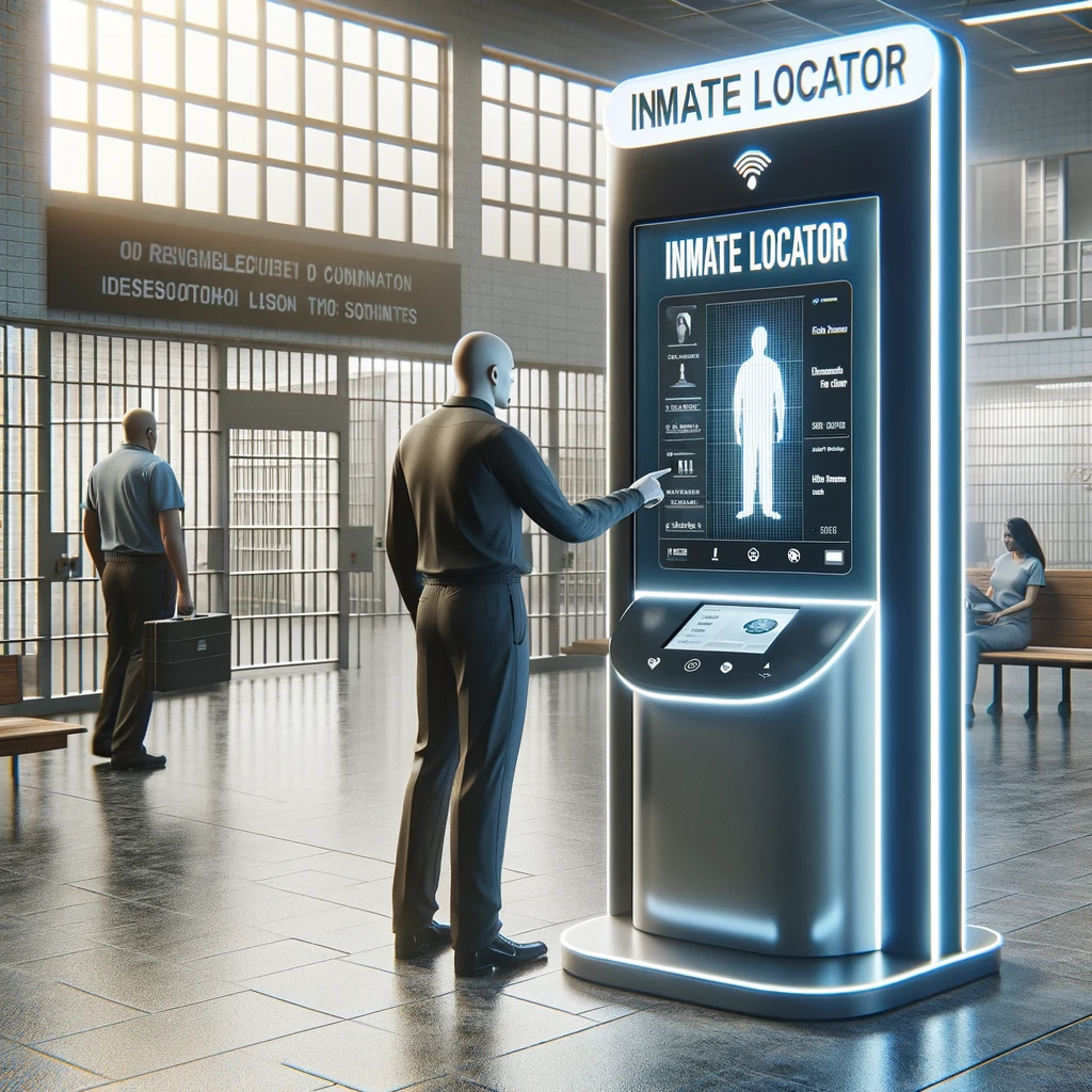 Conceptual photorealistic image of an 'Inmate Locator' kiosk in a prison lobby. The kiosk is modern, with a large touch screen display, surrounded by a clean and well-lit environment. Visitors are seen interacting with the device, searching for inmate information, while a security guard stands nearby to assist.