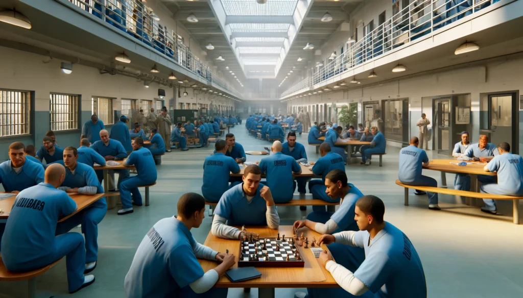 A wide-angle digital image depicting inmates in blue uniforms engaging in activities such as reading and playing chess in the airy common area of Santa Barbara County Medium Security Facility, under the watch of security measures.