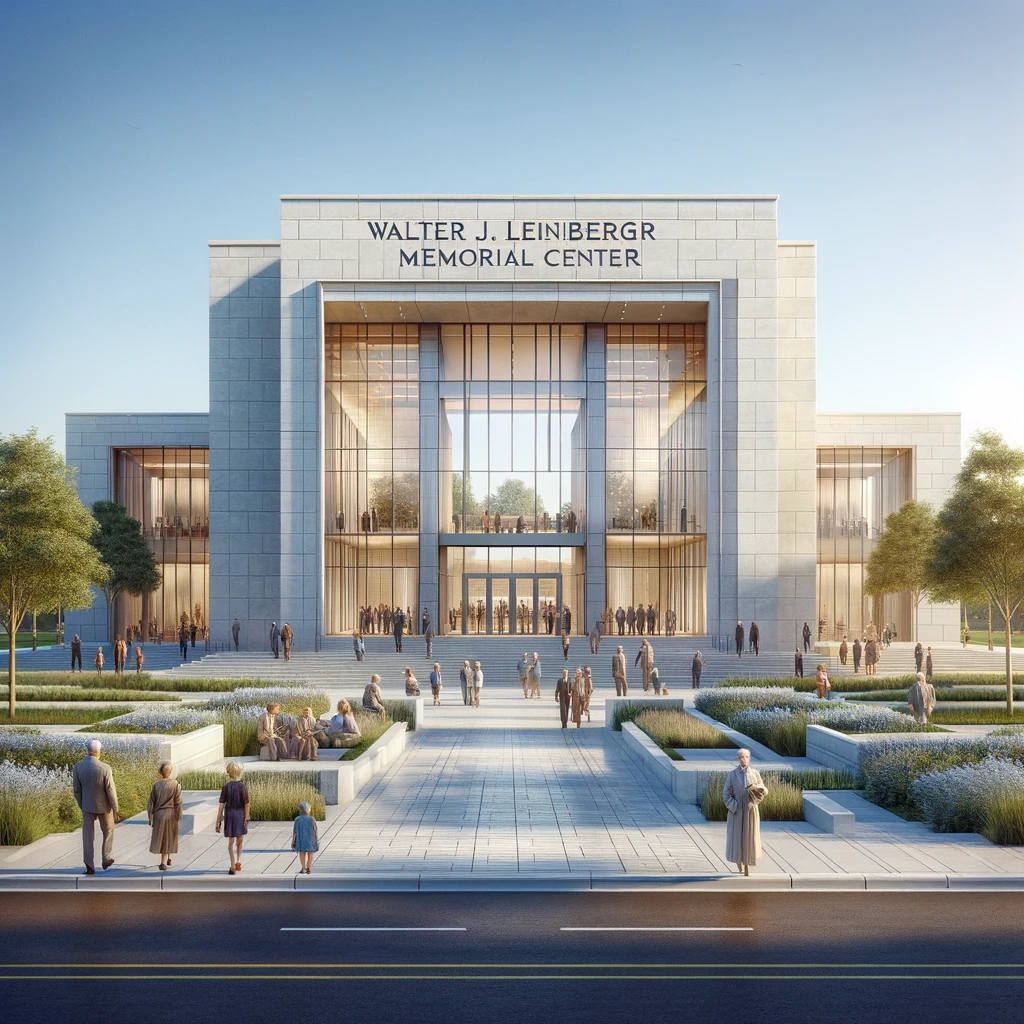 The Walter J. Leinberger Memorial Center is depicted in a photorealistic style, with a modern, sleek design made of glass and stone. 