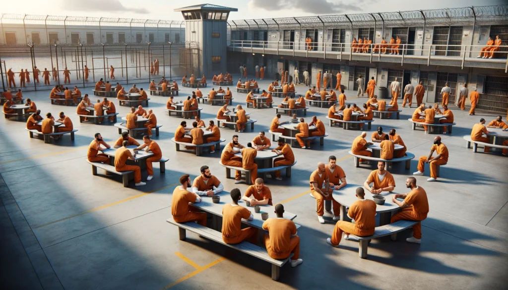 Realistic depiction of a diverse group of male inmates in orange jumpsuits, conversing and sitting in an outdoor courtyard of a correctional facility, surrounded by high walls and watchtowers.