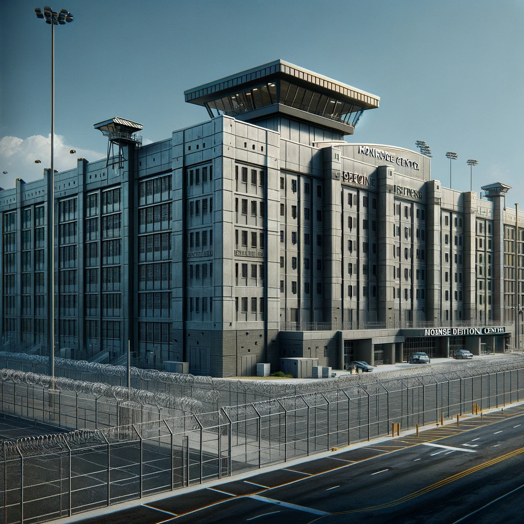 The Monroe Detention Center is portrayed with an imposing structure, featuring thick concrete walls, minimal windows, surrounded by high-security fences and strategic watchtowers on a sunny day.