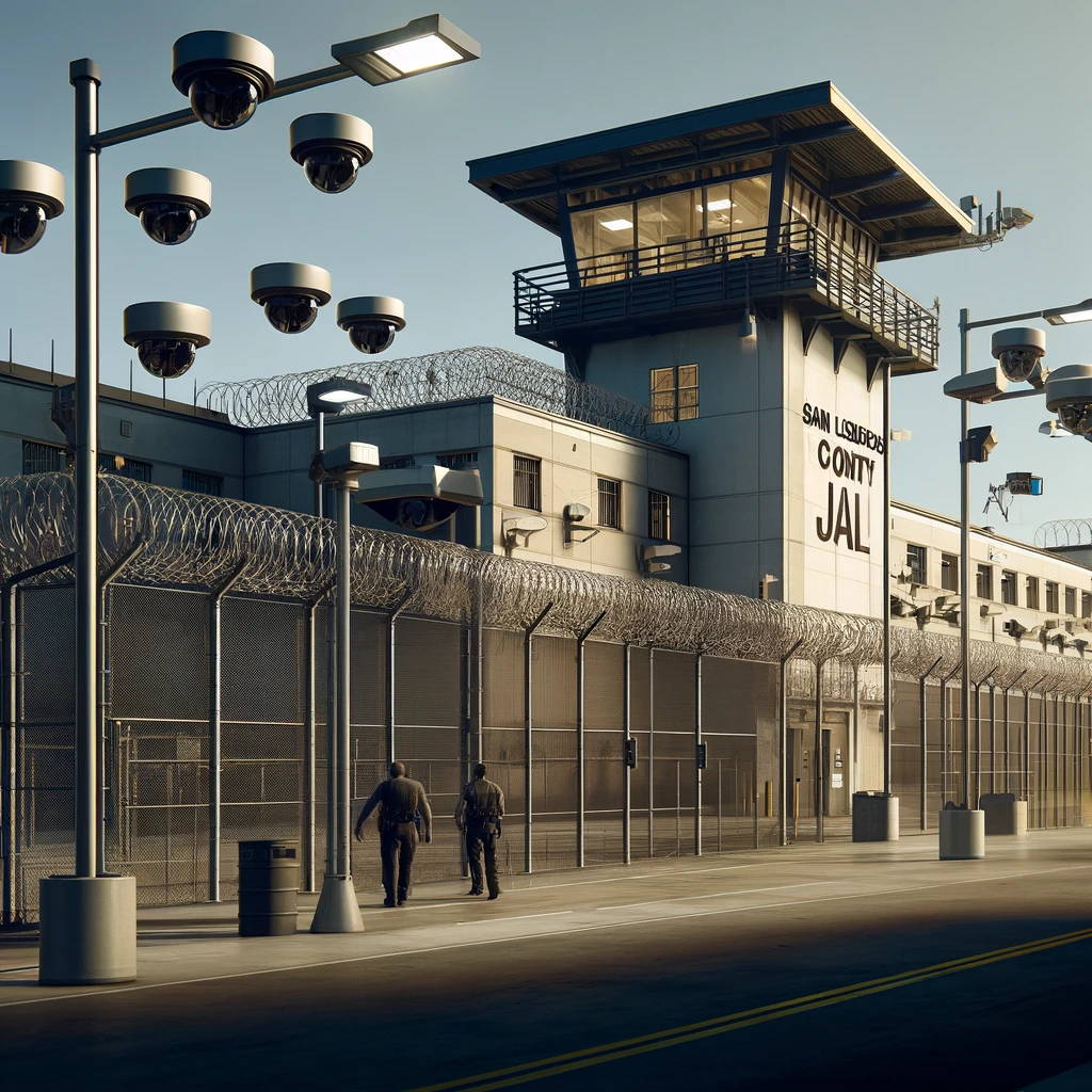 The exterior of San Luis Obispo County Jail is shown focusing on its stringent security features, including high barbed-wire fencing, surveillance cameras, and illuminated perimeter. Security guards patrol the area, set against a utilitarian building design and a clear sky backdrop.