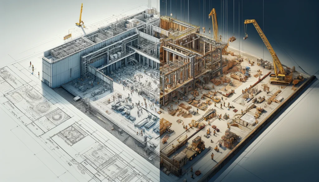 Architectural blueprints of the REACT Center, and on the right, a construction scene with workers in safety gear using heavy machinery to build the facility