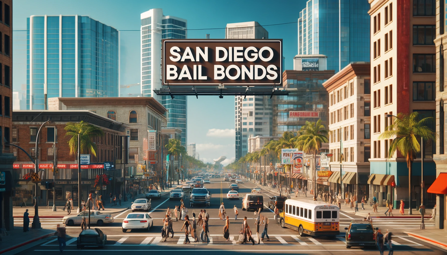 an Diego Bail Bonds' sign among a vibrant scene with diverse pedestrians and vehicles, set against modern buildings and palm trees under a clear blue sky