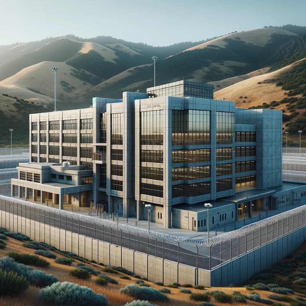 A detailed view of San Luis Obispo County Jail with a sturdy, contemporary design. Security features like tall fences and cameras complement the serene, natural backdrop of lush hills.