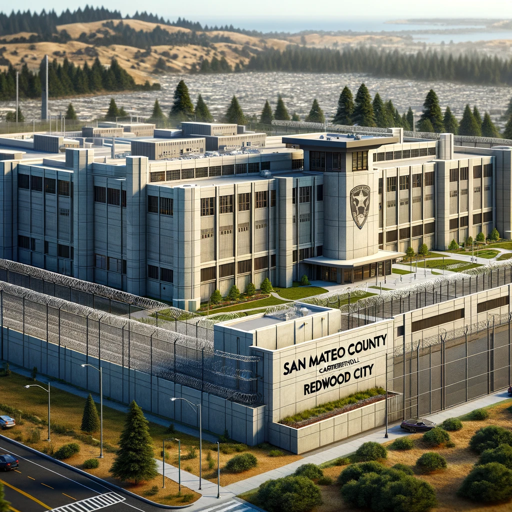 Maguire Correctional Facility in Redwood City, showing a modern prison with reinforced concrete and narrow windows. The facility name is displayed at the front, surrounded by high-security fencing and barbed wire, set against an urban landscape with a hint of greenery under a clear sky.