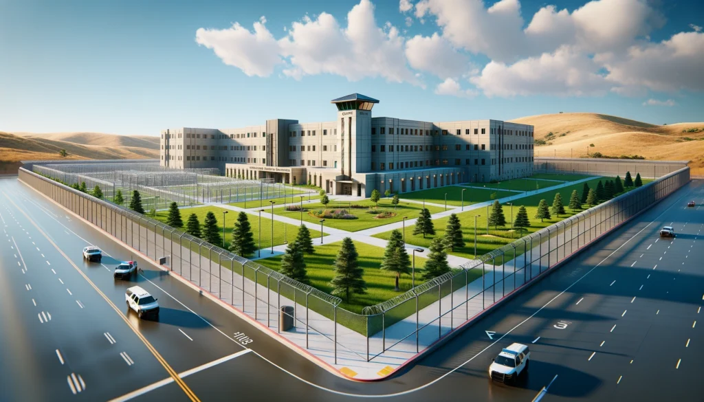 Wide-angle digital image of Santa Clara County Elmwood Complex - Men's Facility, showcasing the modern architecture of the correctional facility with high walls, watchtowers, and security vehicles under a clear blue sky.