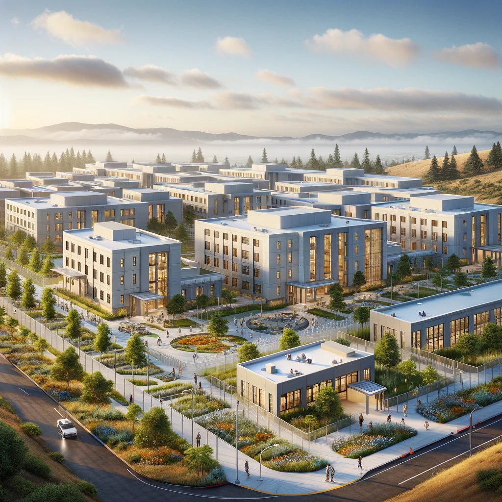 Santa Clara County Elmwood Complex - Women's Facility, featuring modern, low-rise buildings with large windows. 