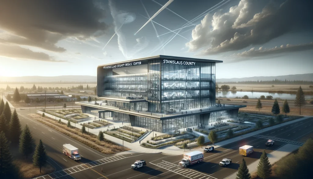 Digital rendering of the Stanislaus County REACT Center, a modern emergency response facility with a sleek design of glass and steel, featuring a large operations center and landscaped surroundings under a dynamic sky.