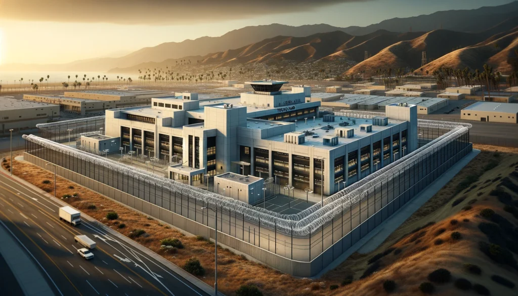Digital rendering of Todd Road Jail in Ventura, depicted as a modern facility with sleek architecture and high-security features, set against the hills of Ventura.