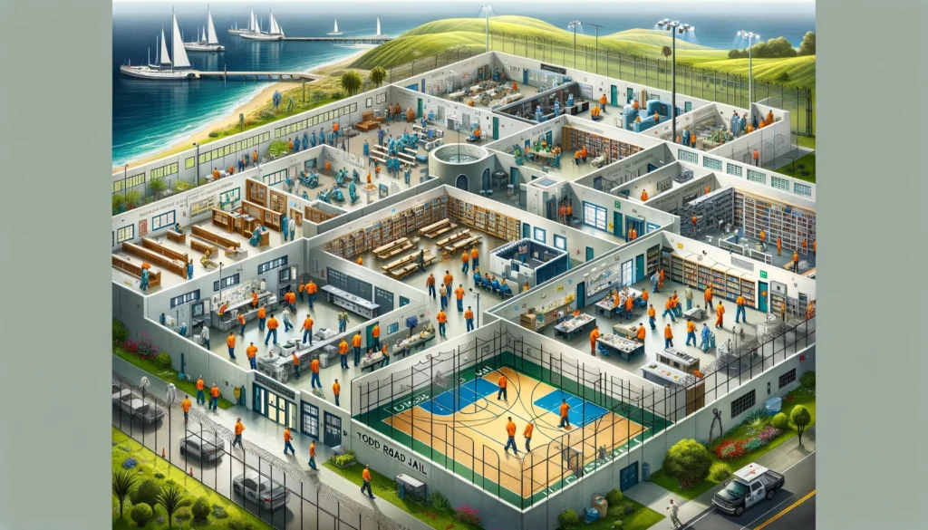 Digital illustration of Todd Road Jail's facilities, featuring a medical center, library, vocational workshop, and outdoor recreation area, with inmates actively engaged in each setting, emphasizing rehabilitation and welfare.