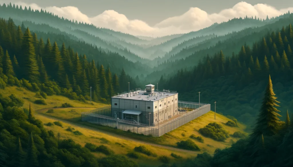 Digital depiction of Trinity County Detention Facility, a small, one-story jail surrounded by dense forest in Northern California. The facility is shown with a secure perimeter including a fence and security cameras, under a cloudy sky