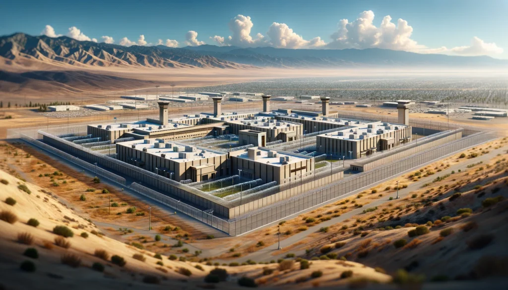 A digital image of Tulare County Jail, showcasing its sprawling layout with interconnected low-rise buildings, surrounded by high fences and watchtowers, set against a rural Californian backdrop with sparse vegetation and distant mountains.