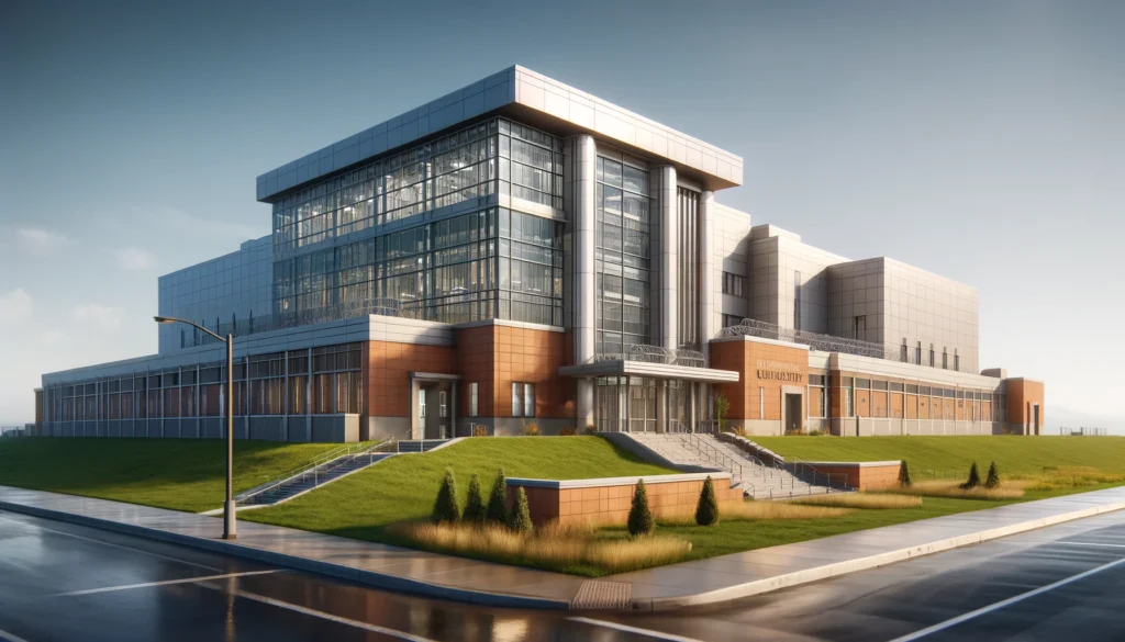 Digital rendering of Tuolumne County Jail, a modern two-story facility combining brick and glass elements, set in a landscaped suburban area with lawns and decorative trees under a clear sky.