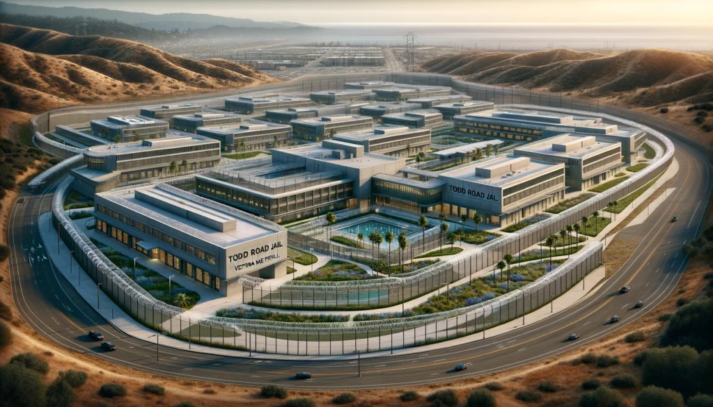 Todd Road Jail in Ventura, showcasing a modern high-security inmate facility with expansive concrete and glass structures, landscaped walkways, and surrounded by high perimeter fences topped with barbed wire, set against a backdrop of rolling hills and a clear blue sky.