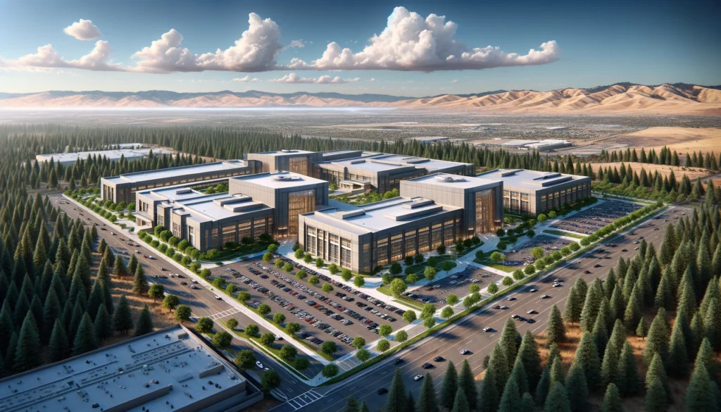 High-angle aerial photograph of Yuba County Jail, highlighting its geometric building structures nestled among lush trees, with a parking area filled with cars, under a partly cloudy sky.