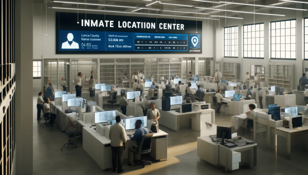 A well-equipped inmate location center within Santa Clara County Main Jail, with diverse staff using advanced technology to help visitors find inmate details.