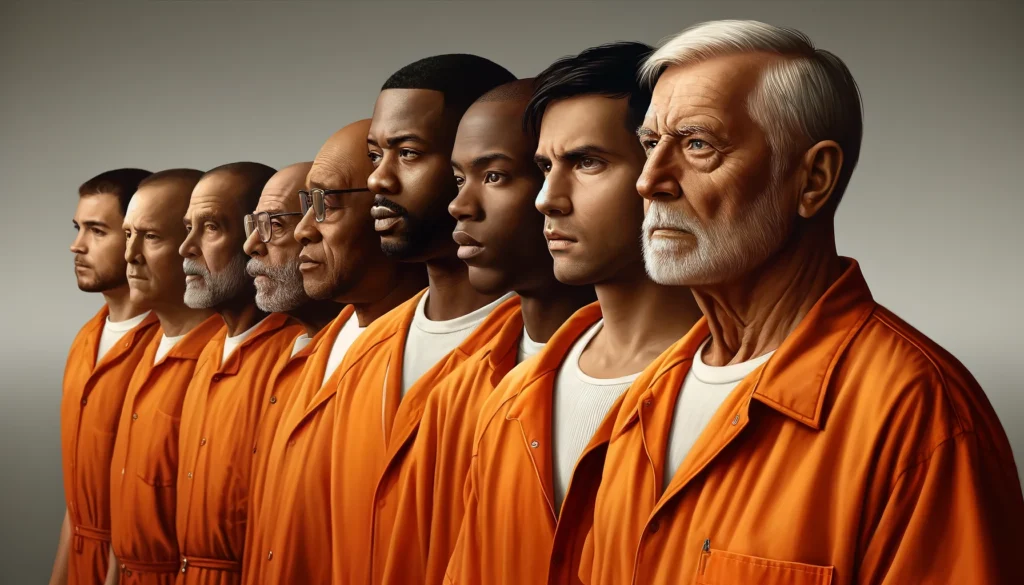 The Tulare County Men's Correctional Facility: a young African American man, a middle-aged Hispanic man, and an elderly Caucasian man, all in standard orange jumpsuits, expressing contemplation, resilience, and stoicism.