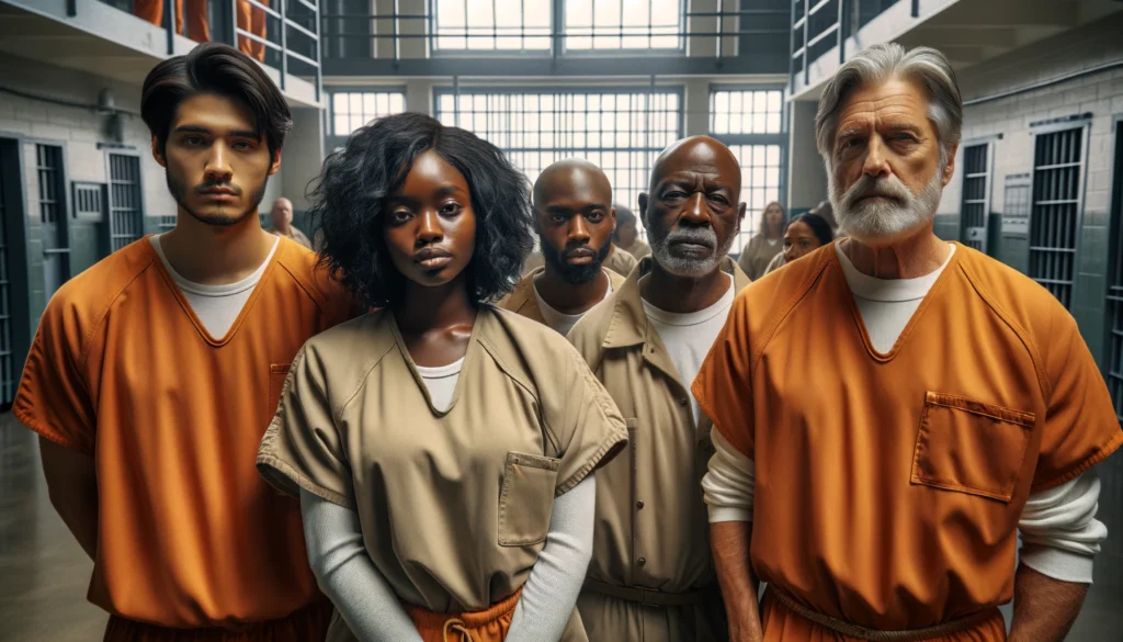 Realistic image showing a diverse group of inmates at Tulare County Jail, including a young Hispanic man, a middle-aged African American woman, and an elderly Caucasian man, all in orange jumpsuits, expressing a range of emotions in a common area with natural light.
