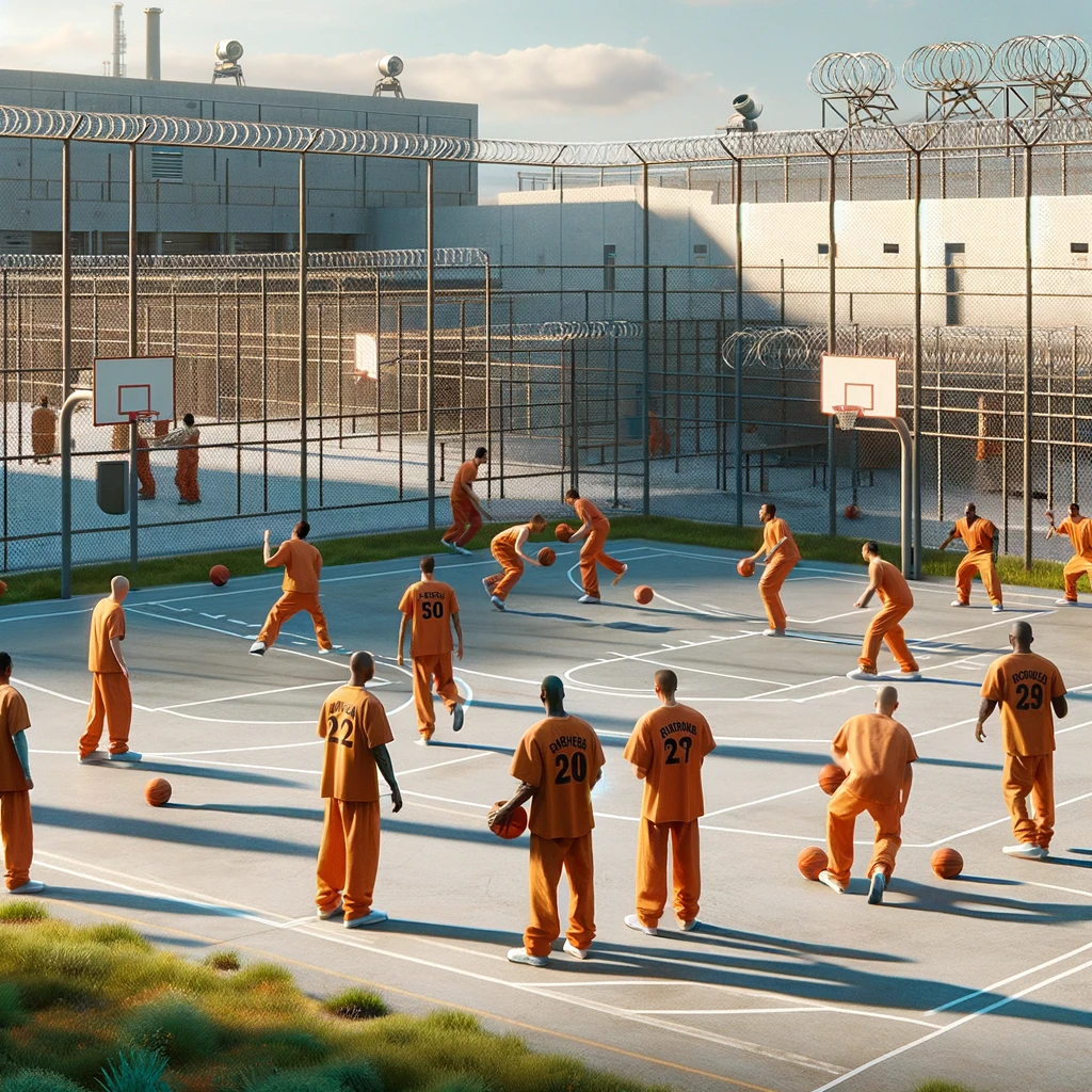Inmates in orange uniforms play basketball in a fenced outdoor court at Santa Barbara County Jail. The scene is airy and open, featuring a small grassy area and the jail's high-security exterior, complete with surveillance cameras and barbed wire.