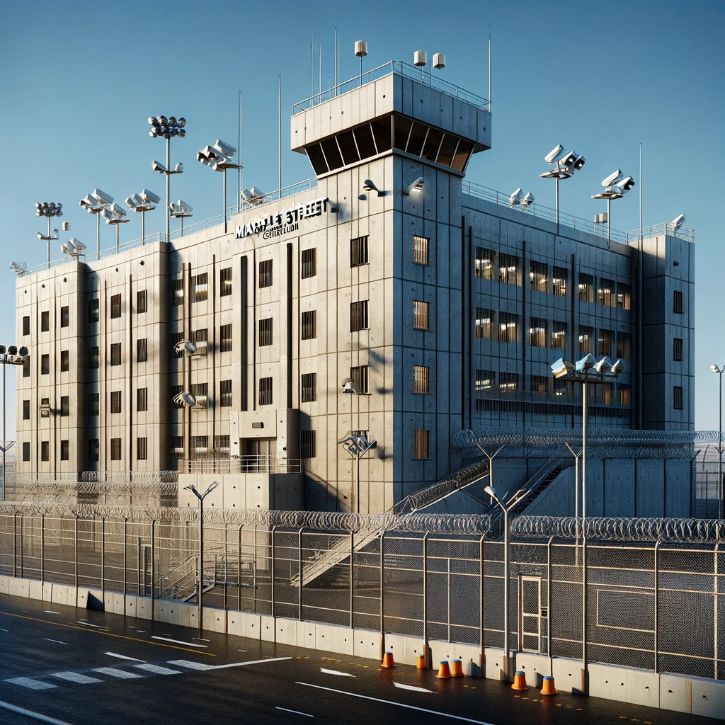 Maple Street Correctional Facility, featuring a robust, utilitarian structure with advanced security measures including razor wire fences, surveillance cameras, and floodlights. The imposing architecture underlines the facility's strict security protocols against a backdrop of a clear blue sky.