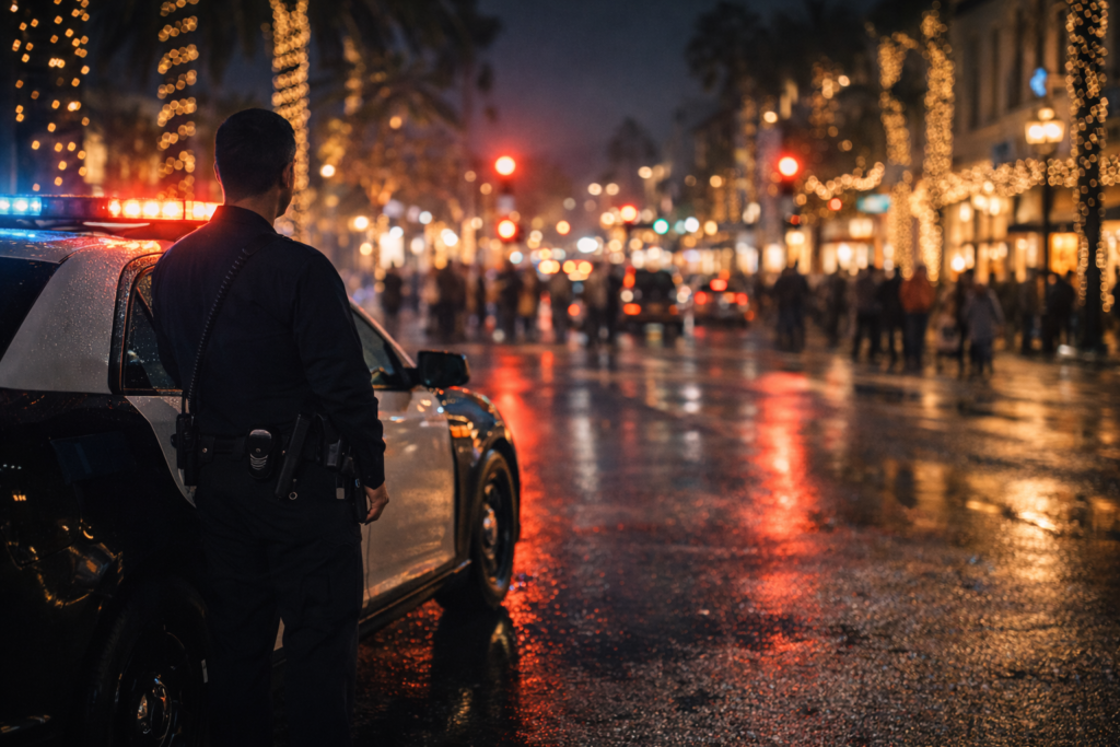 Police officer amidst festive city lights