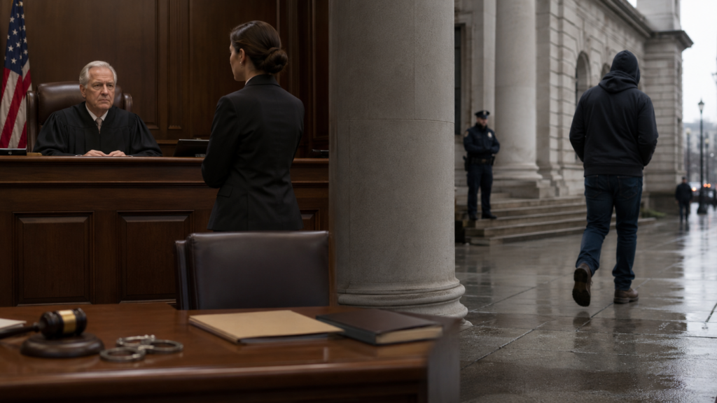 Courtroom proceedings and rainy exterior scene